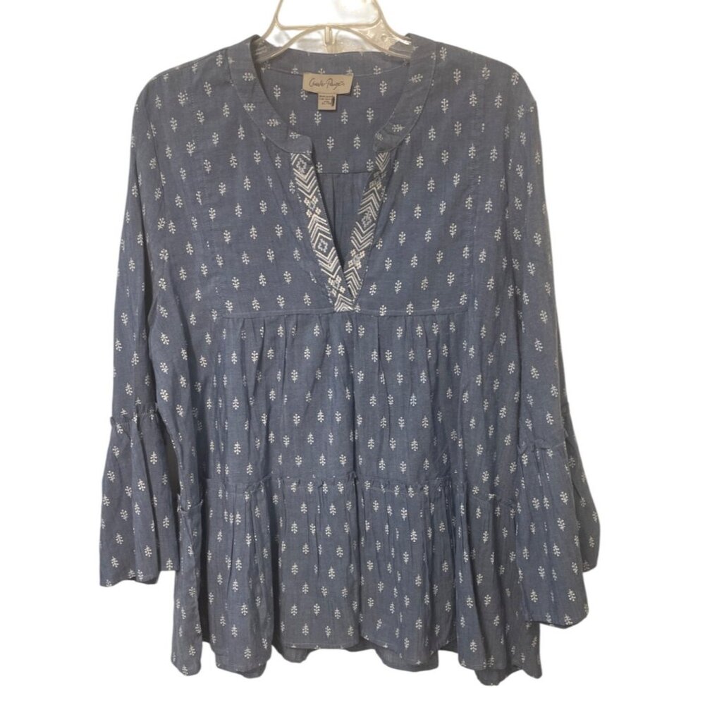 Charlie Paige Womens Chambray‎ Tiered Blue Tunic Top XL Boho Beach Vacation